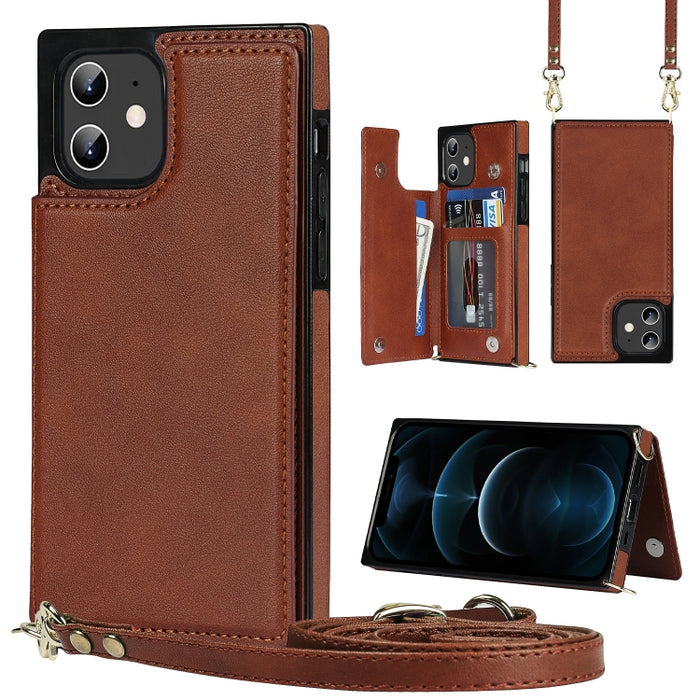 Estuche de TPU + PU para tarjetas con doble hebilla cuadrada cruzada con ranuras para tarjetas y billetera y foto y correa