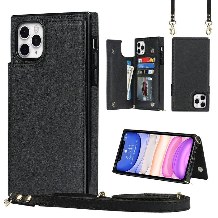 Estuche de TPU + PU para tarjetas con doble hebilla cuadrada cruzada con ranuras para tarjetas y billetera y foto y correa