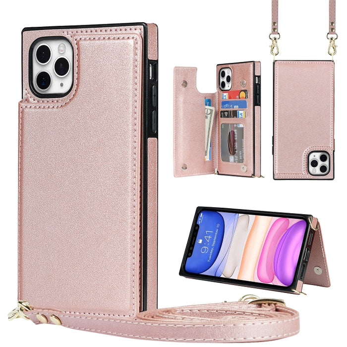 Estuche de TPU + PU para tarjetas con doble hebilla cuadrada cruzada con ranuras para tarjetas y billetera y foto y correa