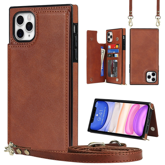 Estuche de TPU + PU para tarjetas con doble hebilla cuadrada cruzada con ranuras para tarjetas y billetera y foto y correa