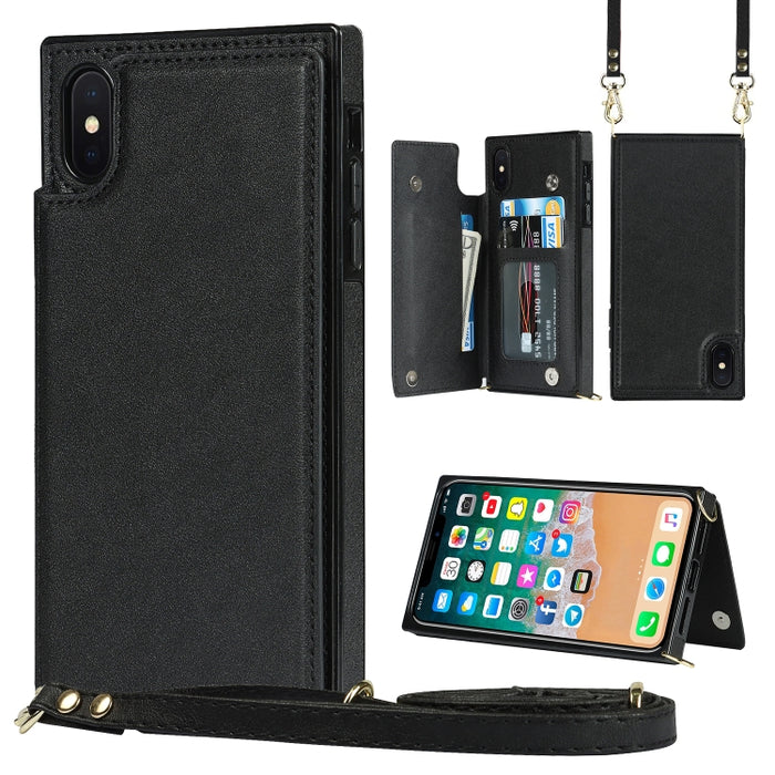 Estuche de TPU + PU para tarjetas con doble hebilla cuadrada cruzada con ranuras para tarjetas y billetera y foto y correa
