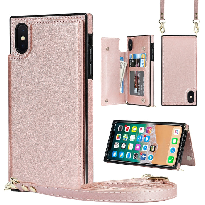 Estuche de TPU + PU para tarjetas con doble hebilla cuadrada cruzada con ranuras para tarjetas y billetera y foto y correa