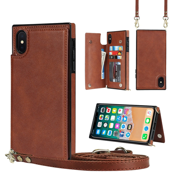 Estuche de TPU + PU para tarjetas con doble hebilla cuadrada cruzada con ranuras para tarjetas y billetera y foto y correa