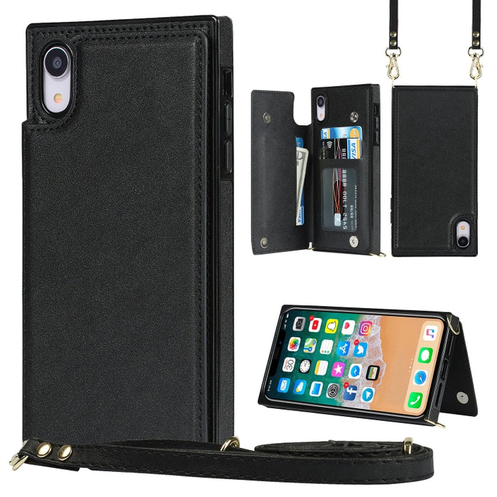 Estuche de TPU + PU para tarjetas con doble hebilla cuadrada cruzada con ranuras para tarjetas y billetera y foto y correa
