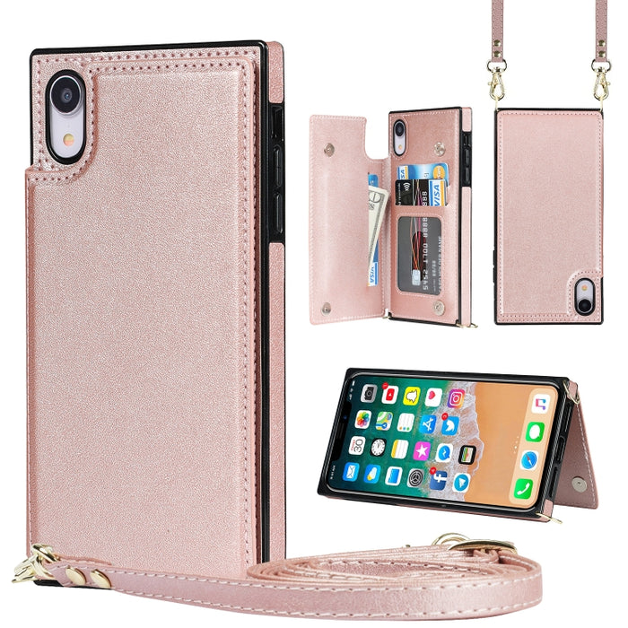 Estuche de TPU + PU para tarjetas con doble hebilla cuadrada cruzada con ranuras para tarjetas y billetera y foto y correa