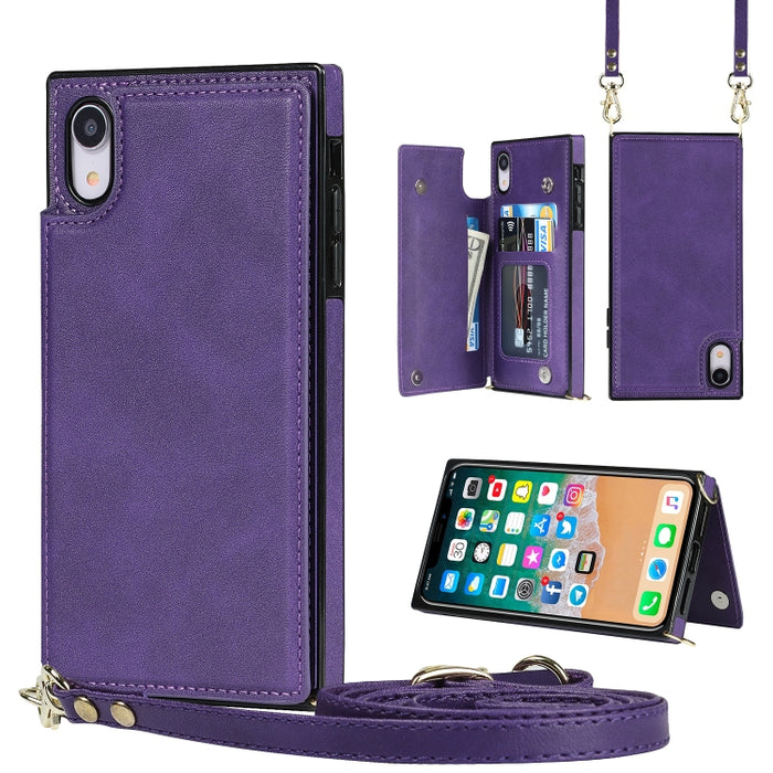 Estuche de TPU + PU para tarjetas con doble hebilla cuadrada cruzada con ranuras para tarjetas y billetera y foto y correa