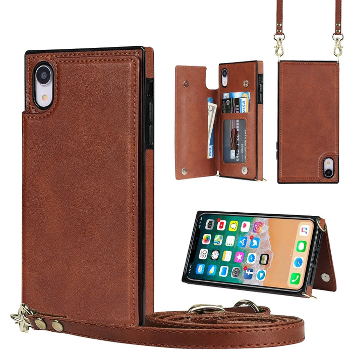 Estuche de TPU + PU para tarjetas con doble hebilla cuadrada cruzada con ranuras para tarjetas y billetera y foto y correa