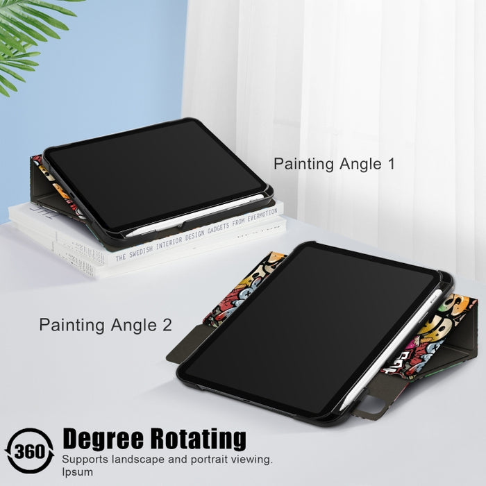 Estuche de cuero de PU con tapa horizontal de voltaje de patrón pintado con soporte giratorio y ranura para bolígrafo y función de suspensión / activación