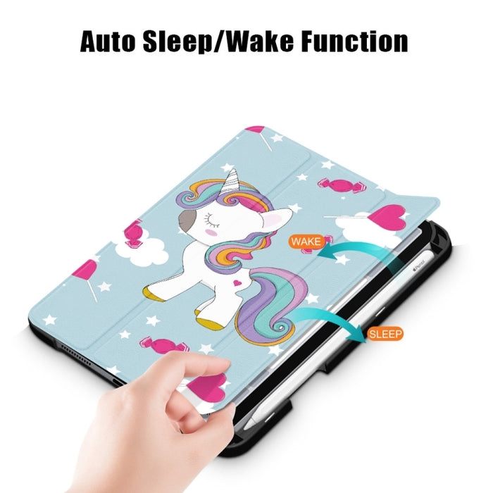 Estuche de cuero con tapa horizontal de TPU con patrón pintado con soporte de tres pliegues y ranura para bolígrafo y función de reposo / activación
