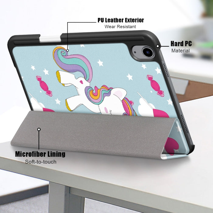 Estuche de cuero con tapa horizontal de TPU con patrón pintado con soporte de tres pliegues y ranura para bolígrafo y función de reposo / activación