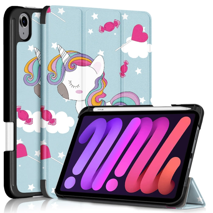 Estuche de cuero con tapa horizontal de TPU con patrón pintado con soporte de tres pliegues y ranura para bolígrafo y función de reposo / activación