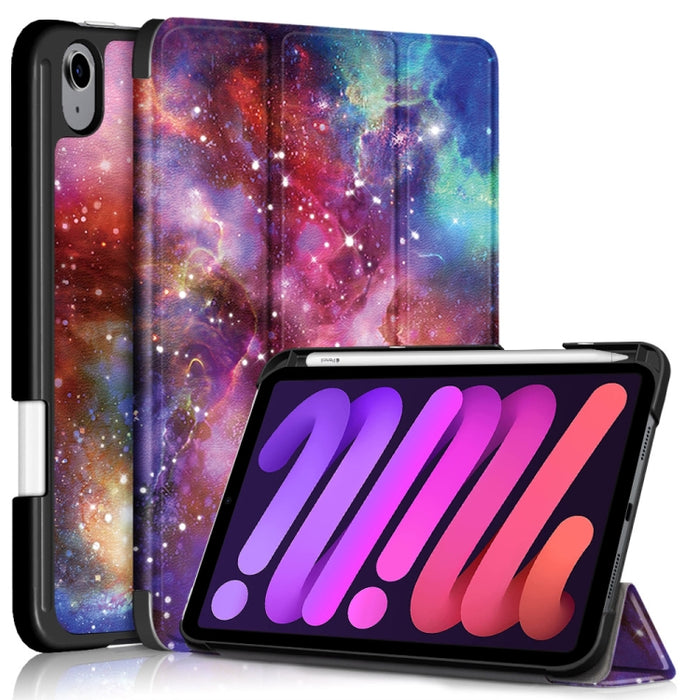 Estuche de cuero con tapa horizontal de TPU con patrón pintado con soporte de tres pliegues y ranura para bolígrafo y función de reposo / activación