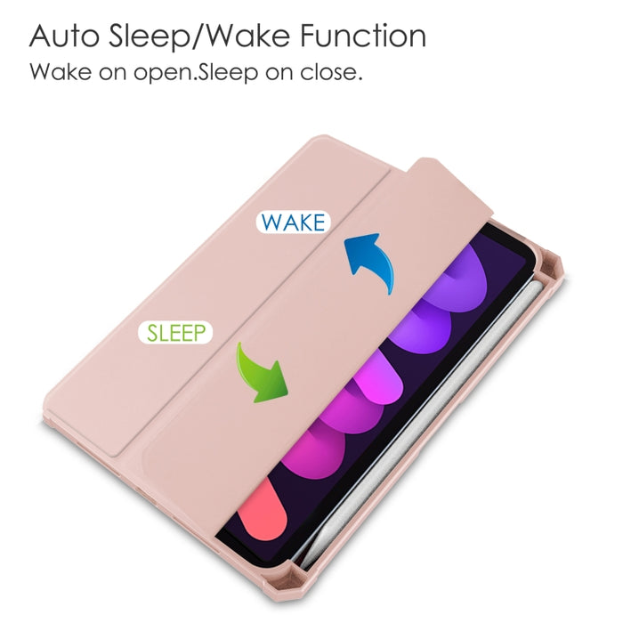 Estuche con tapa horizontal de tres pliegues de acrílico TPU + cuero de PU con soporte y ranura para bolígrafo y función de suspensión / activación