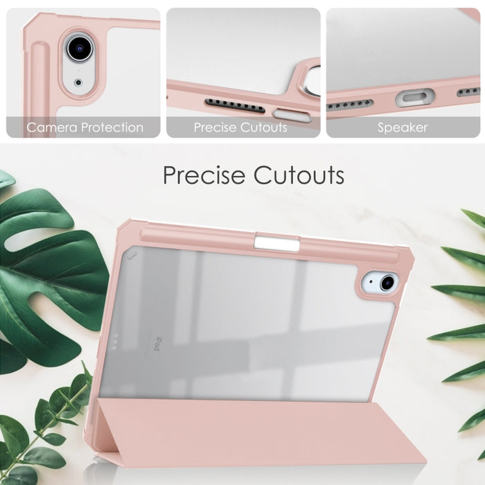 Estuche con tapa horizontal de tres pliegues de acrílico TPU + cuero de PU con soporte y ranura para bolígrafo y función de suspensión / activación