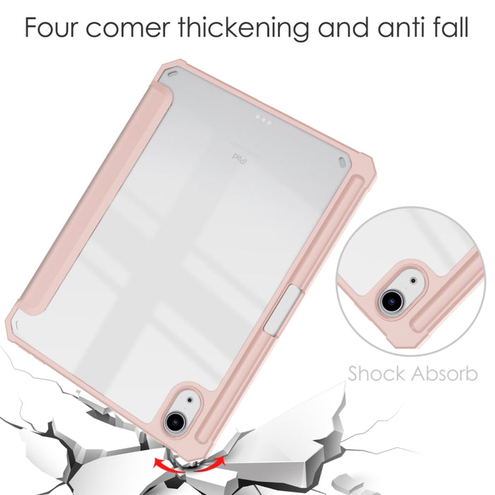 Estuche con tapa horizontal de tres pliegues de acrílico TPU + cuero de PU con soporte y ranura para bolígrafo y función de suspensión / activación