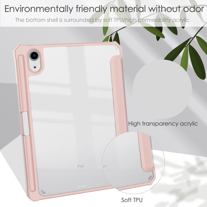Estuche con tapa horizontal de tres pliegues de acrílico TPU + cuero de PU con soporte y ranura para bolígrafo y función de suspensión / activación