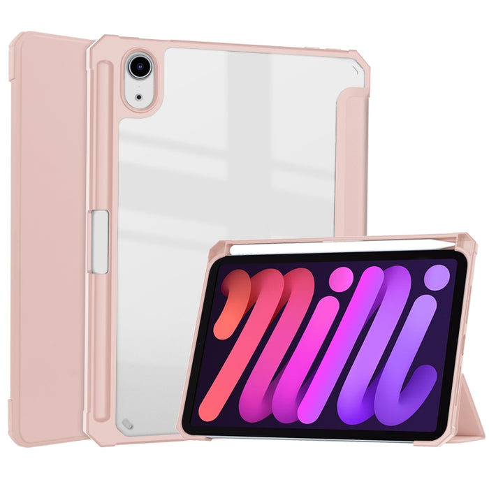 Estuche con tapa horizontal de tres pliegues de acrílico TPU + cuero de PU con soporte y ranura para bolígrafo y función de suspensión / activación