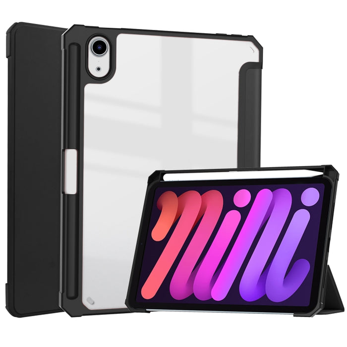 Estuche con tapa horizontal de tres pliegues de acrílico TPU + cuero de PU con soporte y ranura para bolígrafo y función de suspensión / activación