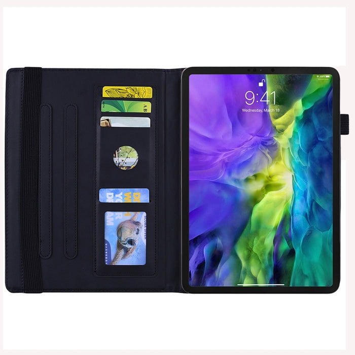 Estuche de cuero en relieve con diseño plegable doble con patrón de becerro con soporte y ranuras para tarjetas y ranura para bolígrafo y banda elástica