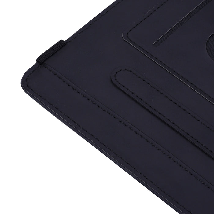 Estuche de cuero en relieve con diseño plegable doble con patrón de becerro con soporte y ranuras para tarjetas y ranura para bolígrafo y banda elástica