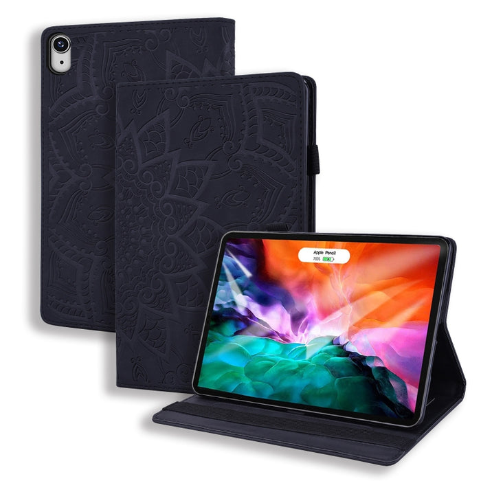 Estuche de cuero en relieve con diseño plegable doble con patrón de becerro con soporte y ranuras para tarjetas y ranura para bolígrafo y banda elástica