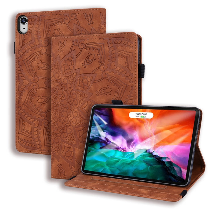 Estuche de cuero en relieve con diseño plegable doble con patrón de becerro con soporte y ranuras para tarjetas y ranura para bolígrafo y banda elástica