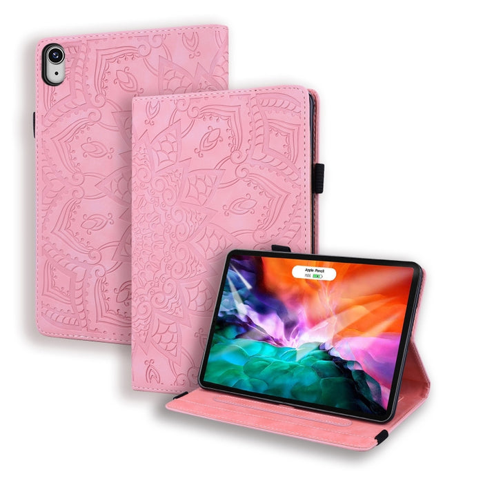 Estuche de cuero en relieve con diseño plegable doble con patrón de becerro con soporte y ranuras para tarjetas y ranura para bolígrafo y banda elástica