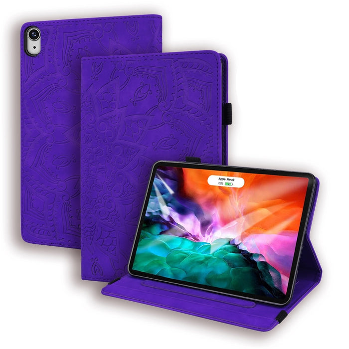 Estuche de cuero en relieve con diseño plegable doble con patrón de becerro con soporte y ranuras para tarjetas y ranura para bolígrafo y banda elástica