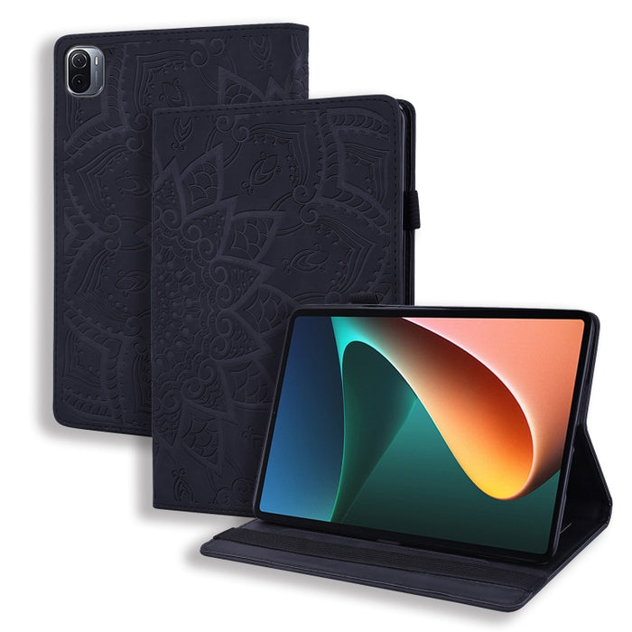 Estuche de cuero en relieve con diseño plegable doble con patrón de becerro con soporte y ranuras para tarjetas y ranura para bolígrafo y banda elástica, For Xiaomi Mi Pad 5 / 5 Pro