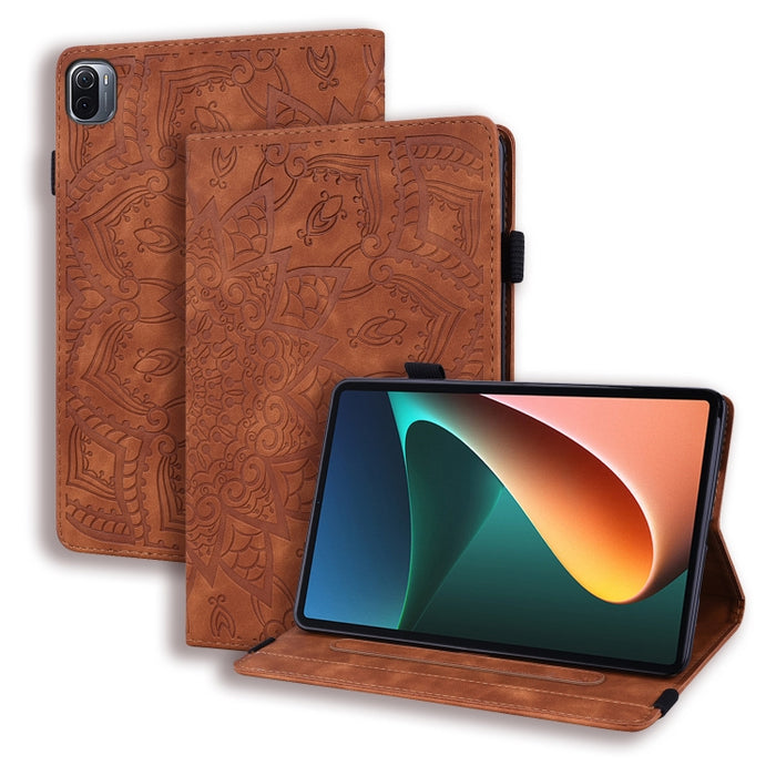 Estuche de cuero en relieve con diseño plegable doble con patrón de becerro con soporte y ranuras para tarjetas y ranura para bolígrafo y banda elástica, For Xiaomi Mi Pad 5 / 5 Pro