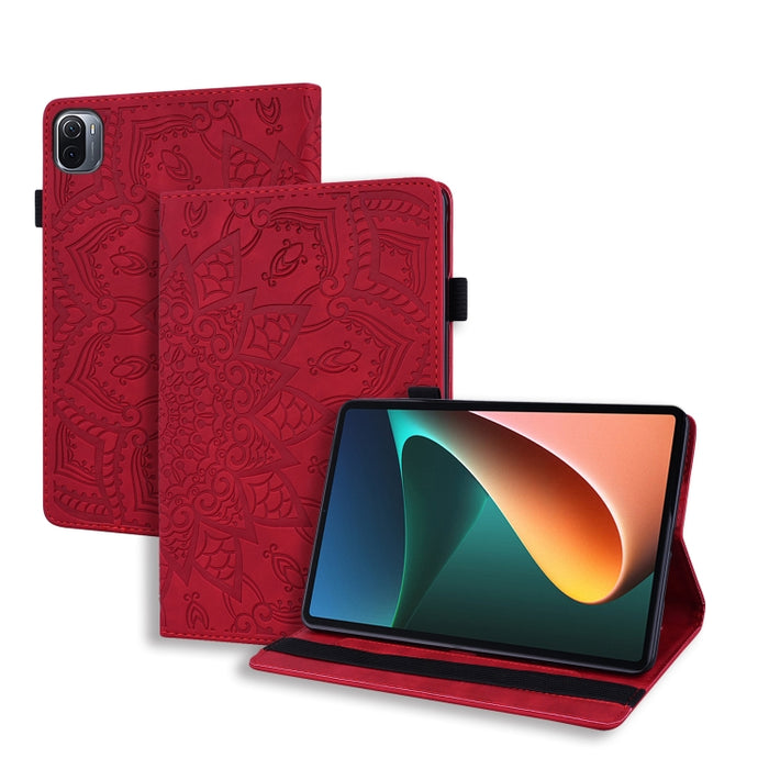 Estuche de cuero en relieve con diseño plegable doble con patrón de becerro con soporte y ranuras para tarjetas y ranura para bolígrafo y banda elástica, For Xiaomi Mi Pad 5 / 5 Pro