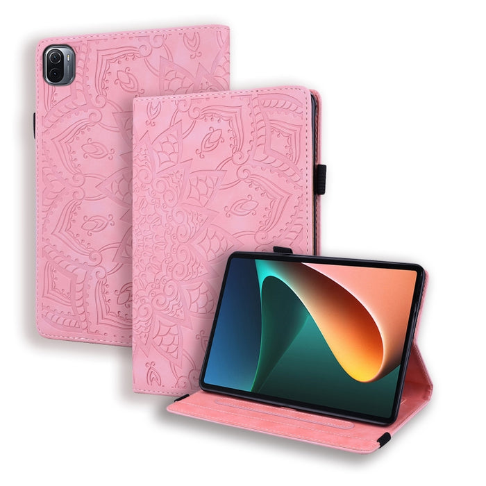 Estuche de cuero en relieve con diseño plegable doble con patrón de becerro con soporte y ranuras para tarjetas y ranura para bolígrafo y banda elástica, For Xiaomi Mi Pad 5 / 5 Pro