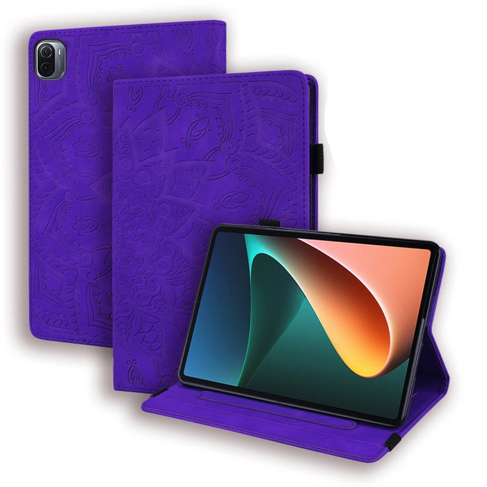 Estuche de cuero en relieve con diseño plegable doble con patrón de becerro con soporte y ranuras para tarjetas y ranura para bolígrafo y banda elástica, For Xiaomi Mi Pad 5 / 5 Pro