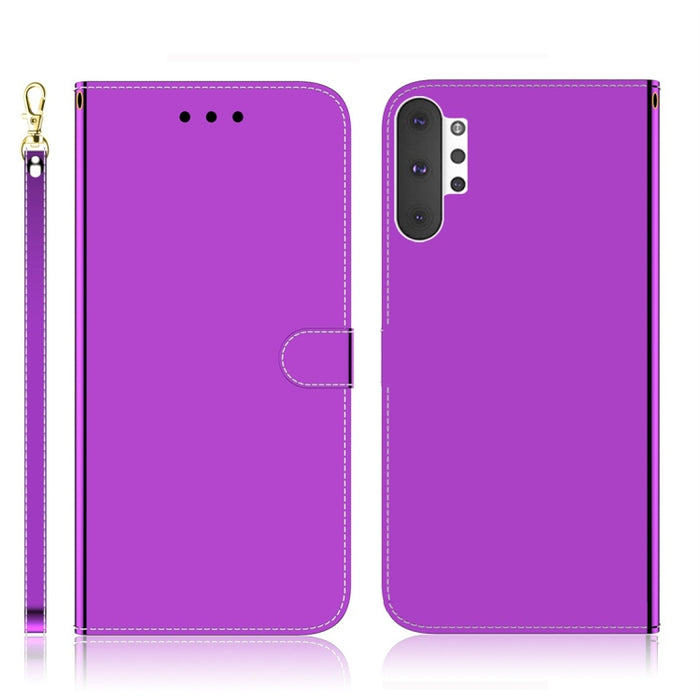 Estuche de cuero con tapa horizontal de superficie de espejo imitado con soporte y ranuras para tarjetas y billetera y cordón