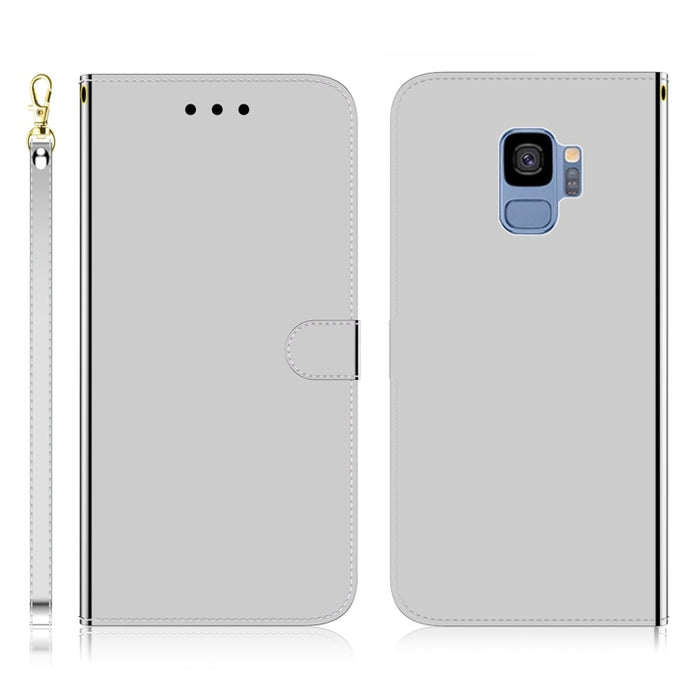 Estuche de cuero con tapa horizontal de superficie de espejo imitado con soporte y ranuras para tarjetas y billetera y cordón