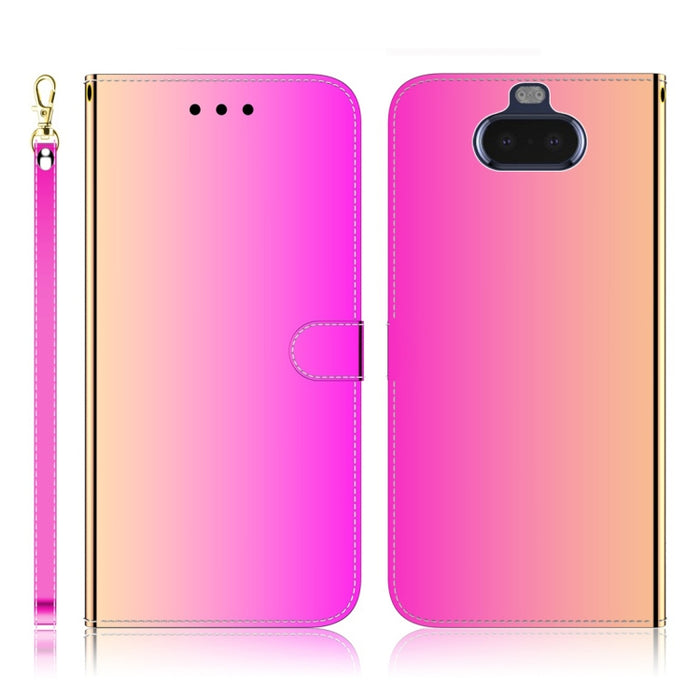 Estuche de cuero con tapa horizontal de superficie de espejo imitado con soporte y ranuras para tarjetas y billetera y cordón