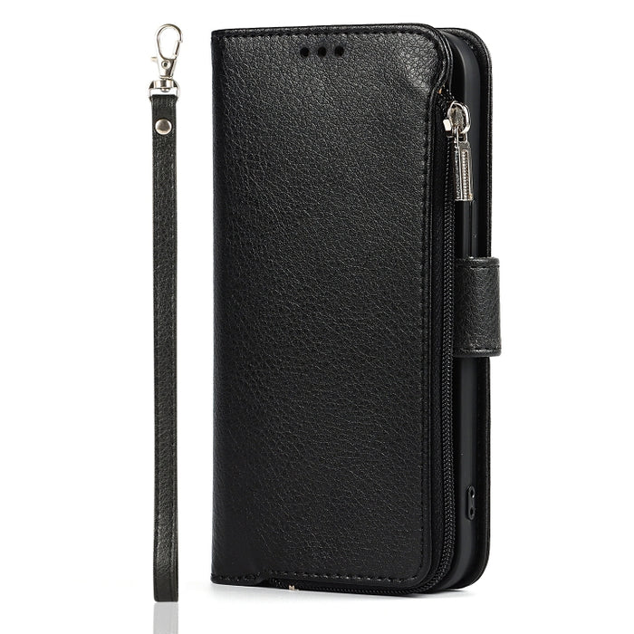 Estuche de cuero con tapa horizontal con cremallera de microfibra con soporte y ranuras para tarjetas y billetera