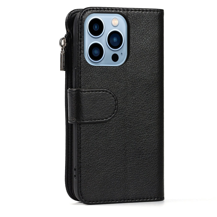 Estuche de cuero con tapa horizontal con cremallera de microfibra con soporte y ranuras para tarjetas y billetera