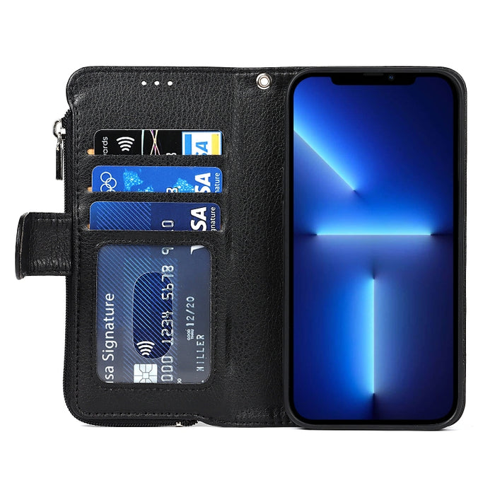 Estuche de cuero con tapa horizontal con cremallera de microfibra con soporte y ranuras para tarjetas y billetera