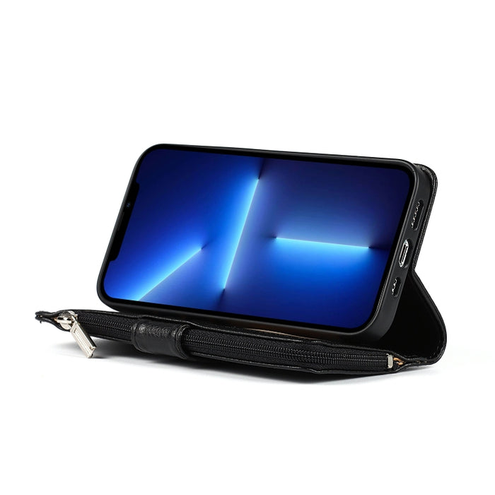 Estuche de cuero con tapa horizontal con cremallera de microfibra con soporte y ranuras para tarjetas y billetera