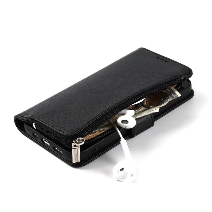 Estuche de cuero con tapa horizontal con cremallera de microfibra con soporte y ranuras para tarjetas y billetera
