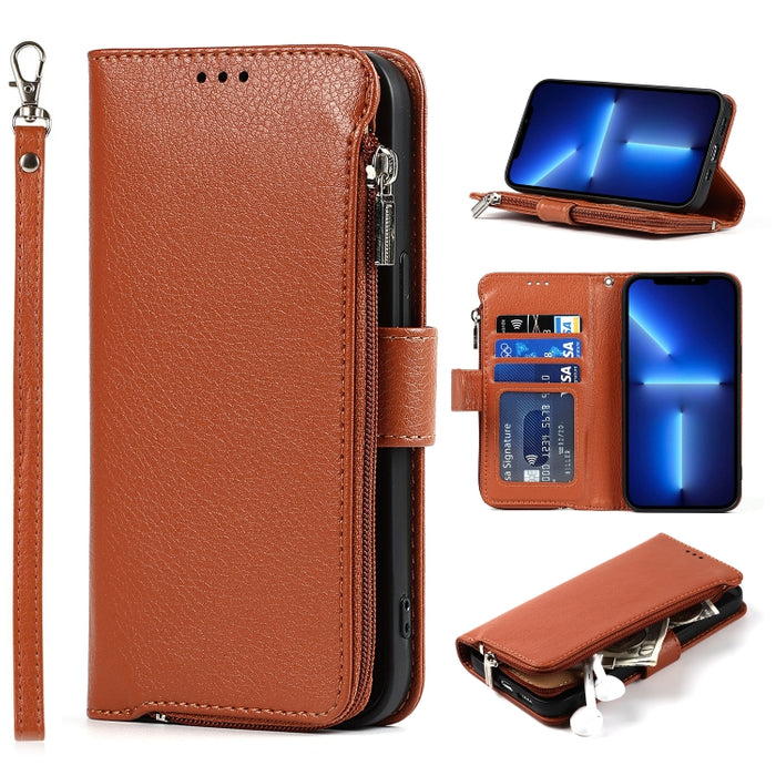 Estuche de cuero con tapa horizontal con cremallera de microfibra con soporte y ranuras para tarjetas y billetera