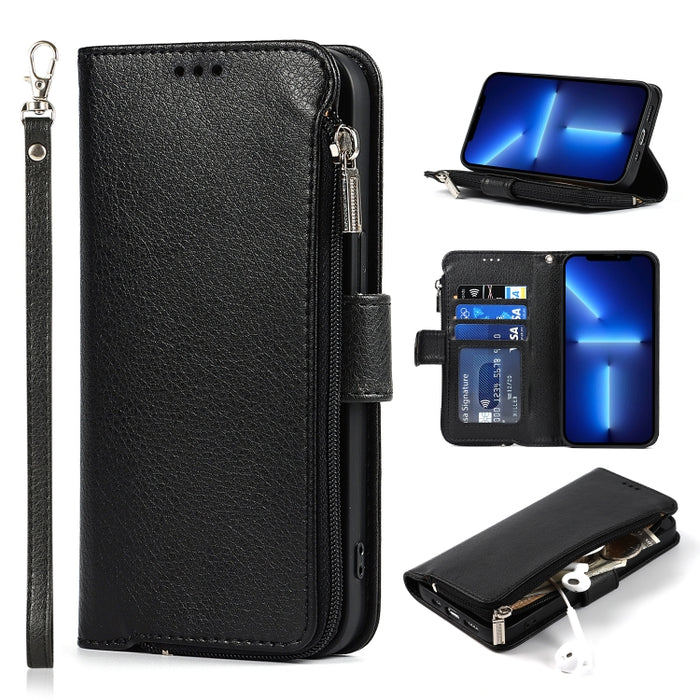 Estuche de cuero con tapa horizontal con cremallera de microfibra con soporte y ranuras para tarjetas y billetera