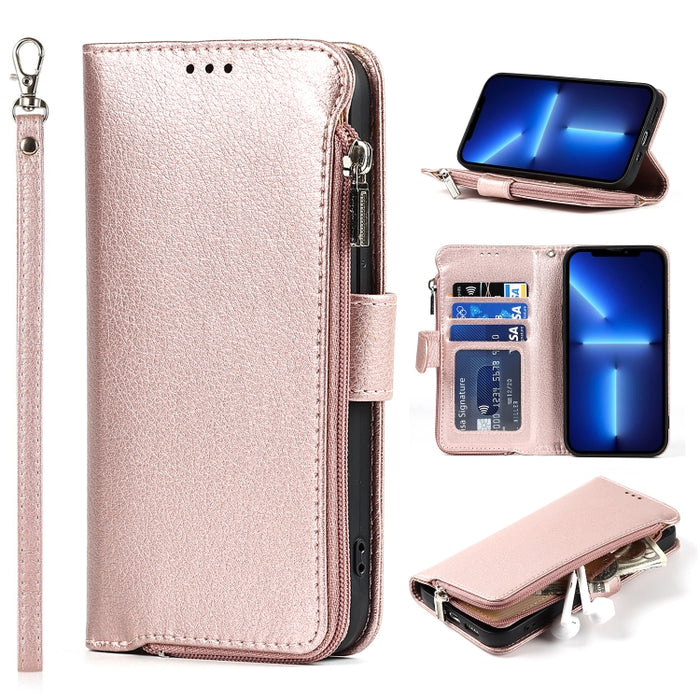 Estuche de cuero con tapa horizontal con cremallera de microfibra con soporte y ranuras para tarjetas y billetera