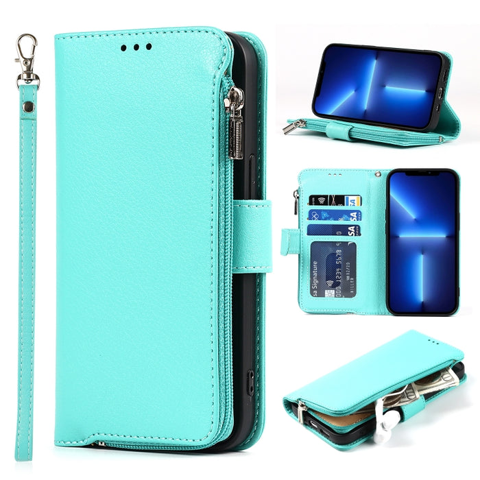 Estuche de cuero con tapa horizontal con cremallera de microfibra con soporte y ranuras para tarjetas y billetera