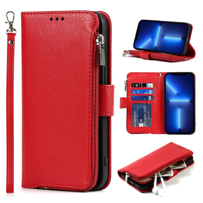 Estuche de cuero con tapa horizontal con cremallera de microfibra con soporte y ranuras para tarjetas y billetera