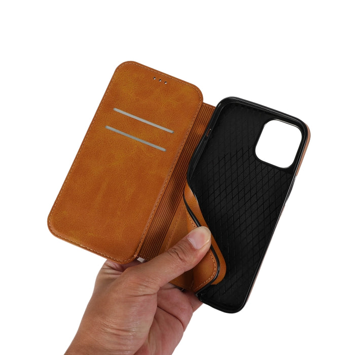 Estuche de cuero PU + TPU con cierre magnético fuerte con ranuras para tarjetas y soporte