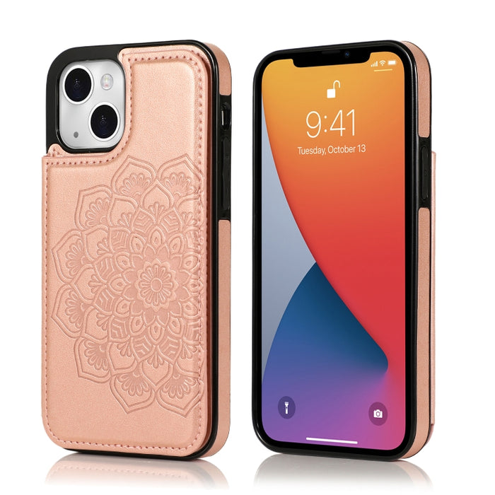 Estuche protector de PU + TPU con patrón de mandala de doble hebilla con ranuras para tarjetas y soporte y marco de fotos