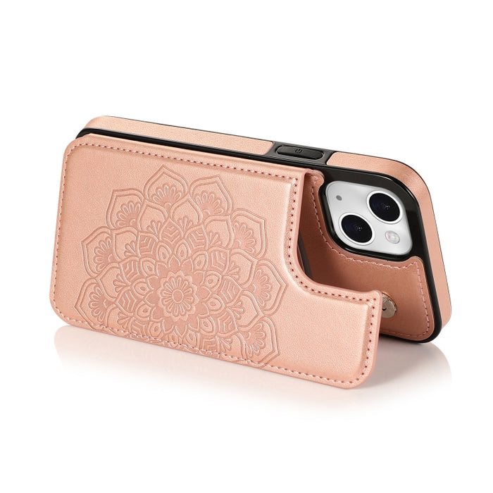 Estuche protector de PU + TPU con patrón de mandala de doble hebilla con ranuras para tarjetas y soporte y marco de fotos