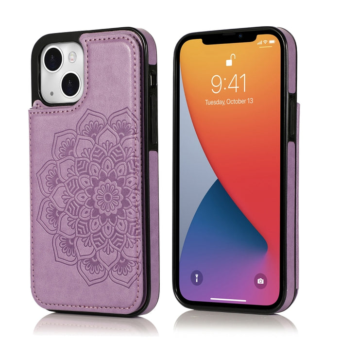 Estuche protector de PU + TPU con patrón de mandala de doble hebilla con ranuras para tarjetas y soporte y marco de fotos